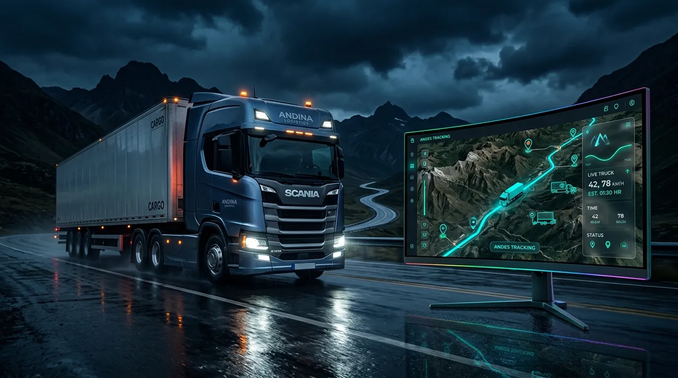 Camión de carga en carretera nocturna y monitor panorámico con plataforma GPS