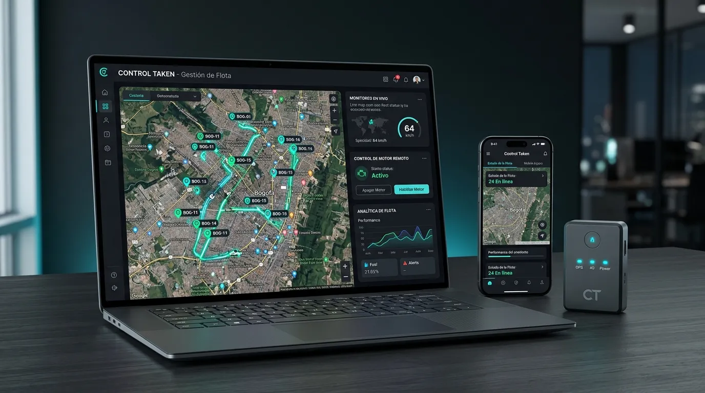 Plataforma de gestión para talleres y distribuidores GPS con mapa de Bogotá, Colombia y control de motor